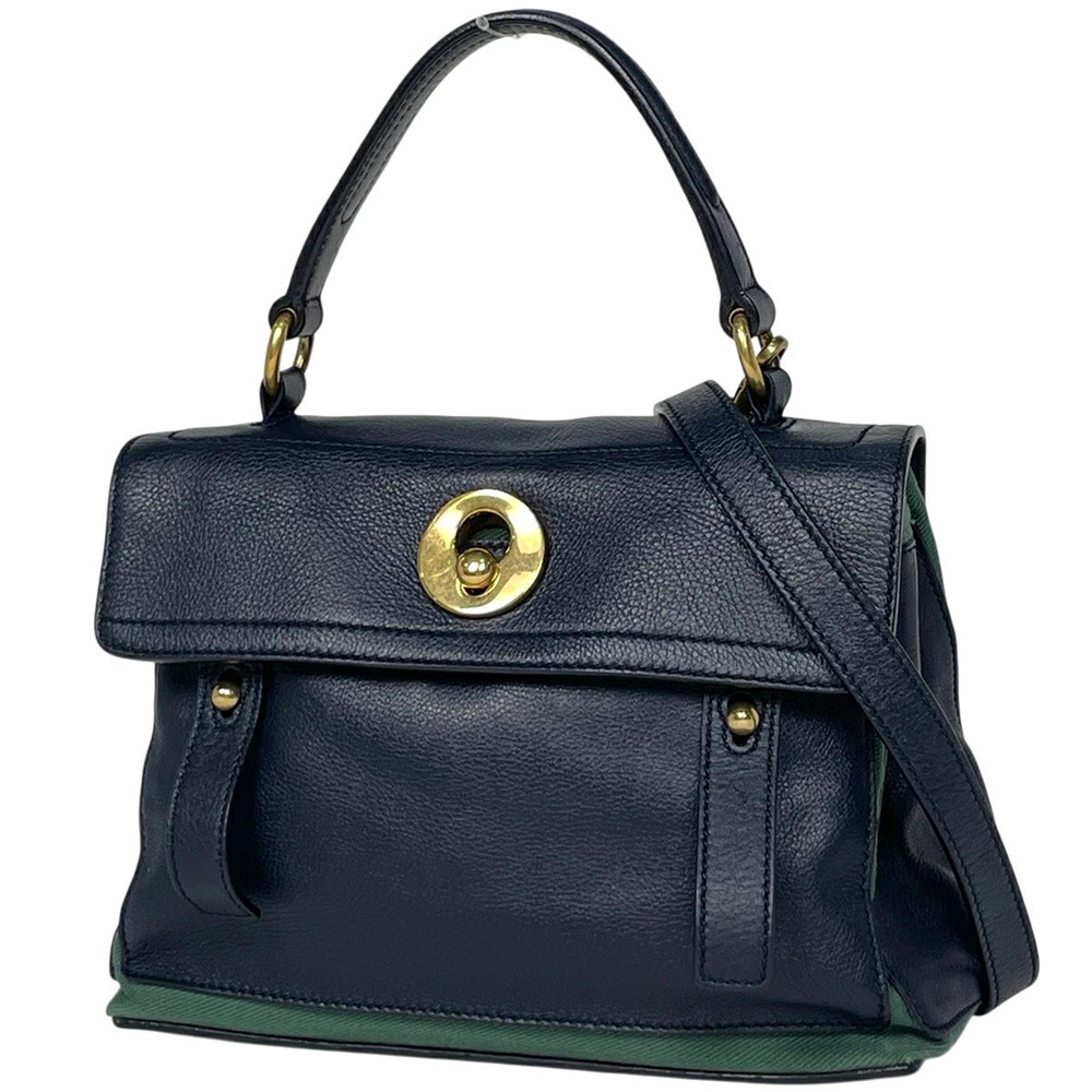 Saint Laurent Yves Muse Two Shoulder Bag Handbag Leather Navy Blue Green